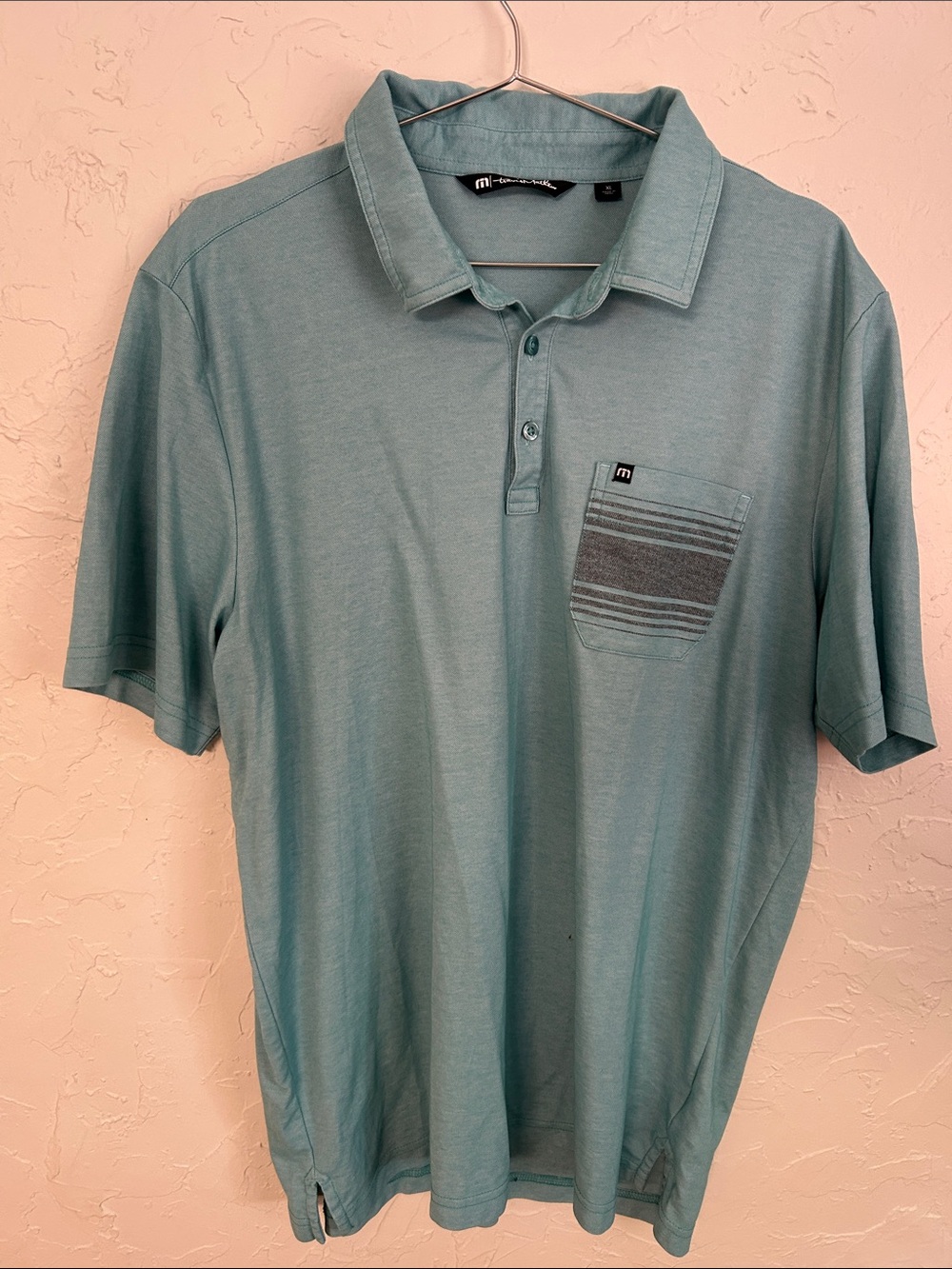 Travis Mathew Teal Golf Polo with Striped Pocket